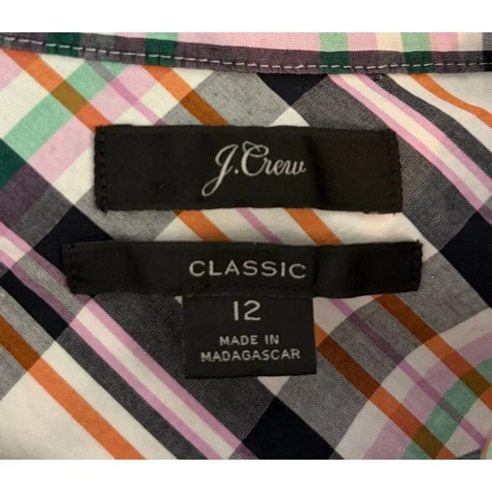 J CREW Womens Classic Button TOP Long Sleeve BLACK Lavender Green PLAID Size 12